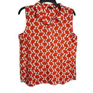 Emme Marella Abstract Artsy Orange Sleeveless Button Collar Top Size 44- US 8